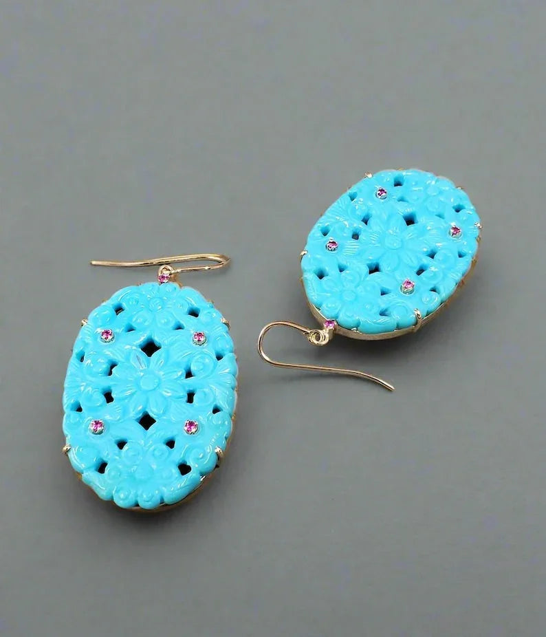 14k Gold Sleeping Beauty Turquoise Earrings: Hand Craved Gemstone, Ruby Accent