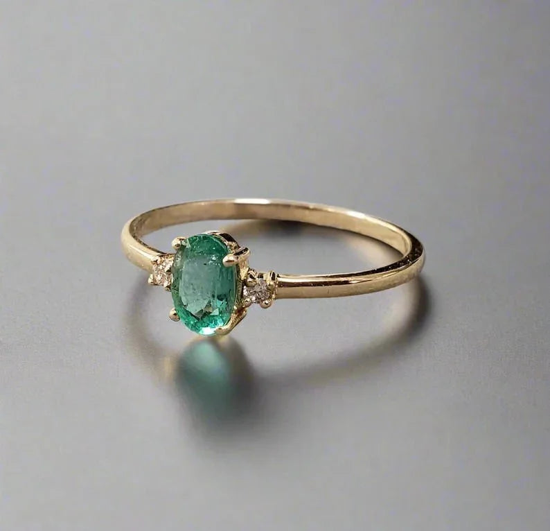 Handmade 14k Gold Oval Emerald Ring, Diamond Accent