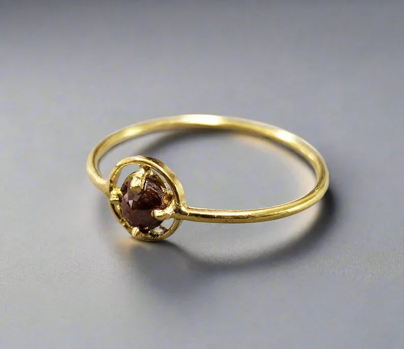 Brown Diamond 18k Gold Ring, Handmade Minimalist Jewelry