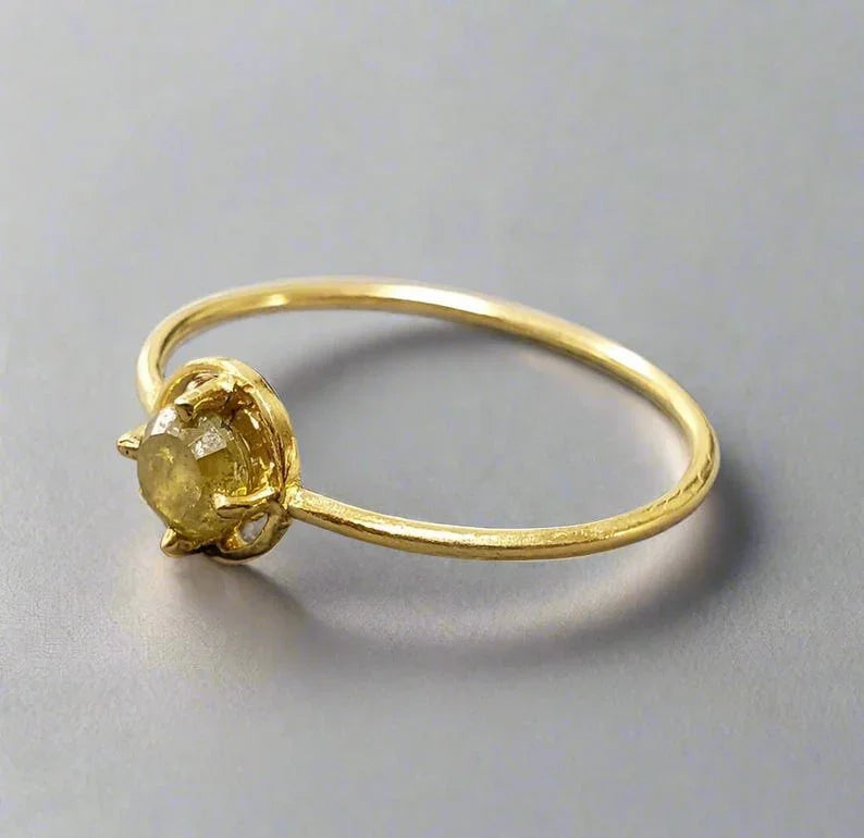 Yellow Diamond Ring: Dainty 18K Gold - Thin Stackable Band