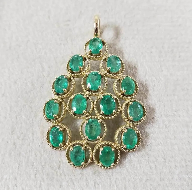 14k Gold Zambian Emerald Pendant: Handmade Oval Halo Setting - K Jewelry Accessories