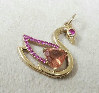 14k Gold Swan Pendant: Ruby Eyes, Tourmaline Center - K Jewelry Accessories