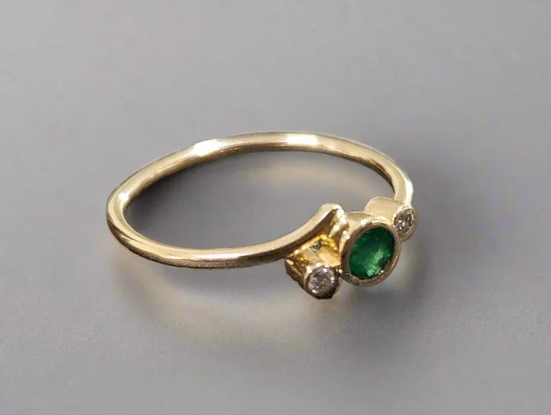 18k Gold Emerald Ring with Diamond Accents, Handmade Anniversary Gift
