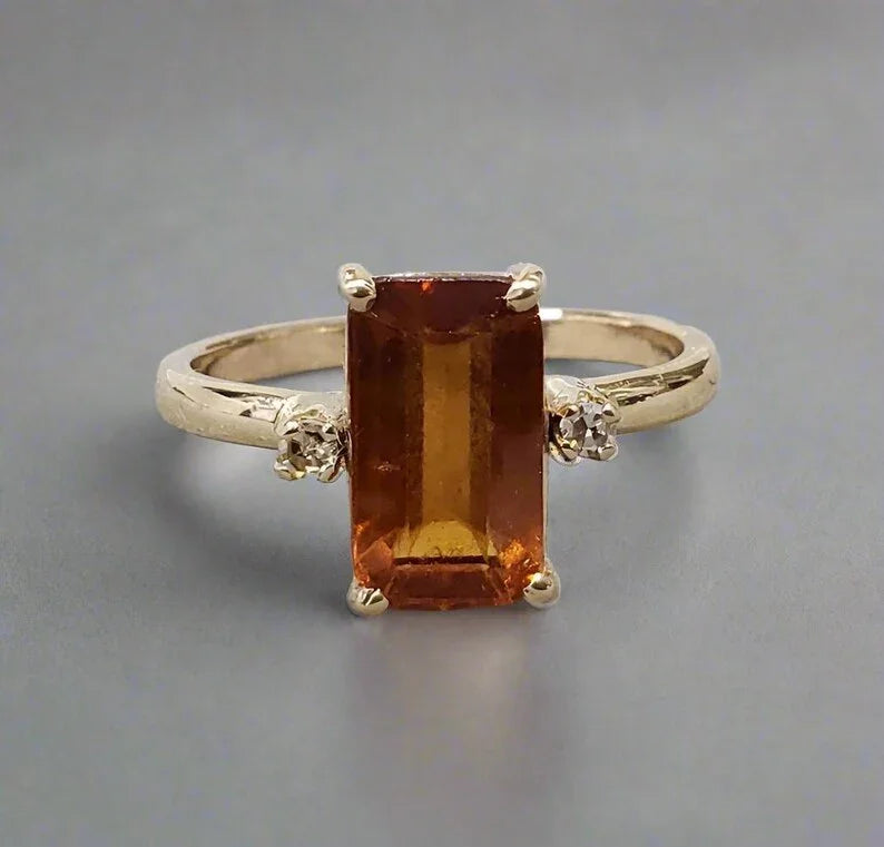 Orange Garnet 14k Gold Ring: Natural Gemstone & Diamond Accent