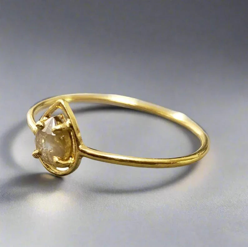 18k Gold Pear Yellow Diamond Ring: Handmade Dainty Gold Jewelry