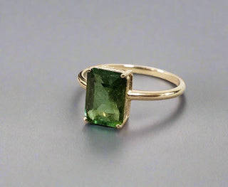 Octagon Green Tourmaline 14k Gold Ring: Natural Stone Wedding Jewelry