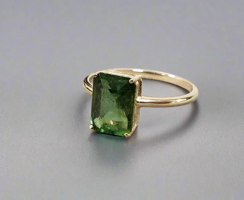 Octagon Green Tourmaline 14k Gold Ring: Natural Stone Wedding Jewelry