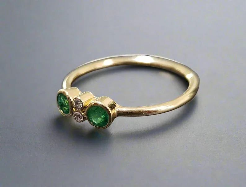 18k Gold Emerald Ring with Diamond Accent, Anniversary Gift