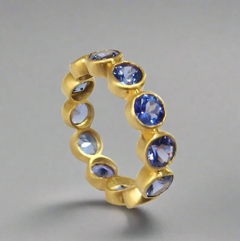 18k Gold Tanzanite Eternity Ring - Matte Finish Band
