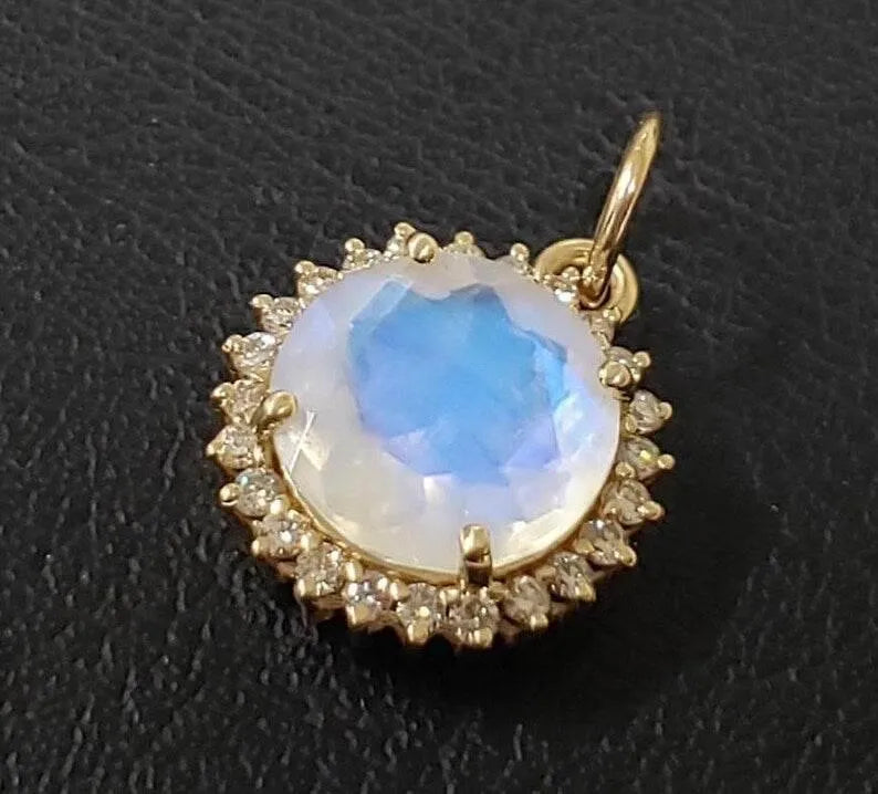 14k Gold Rainbow Moonstone Pendant: Diamond Cluster Halo - K Jewelry Accessories
