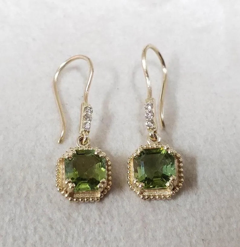 14k Gold Green Tourmaline Earrings: Asscher Cut Diamond Dangle - K Jewelry Accessories