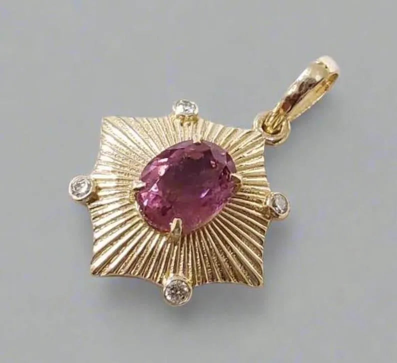 Pink Tourmaline Gold Pendant - Handmade Textured Design - K Jewelry Accessories