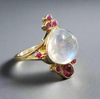 Rainbow Moonstone 14k Gold Ring: Ruby Tourmaline