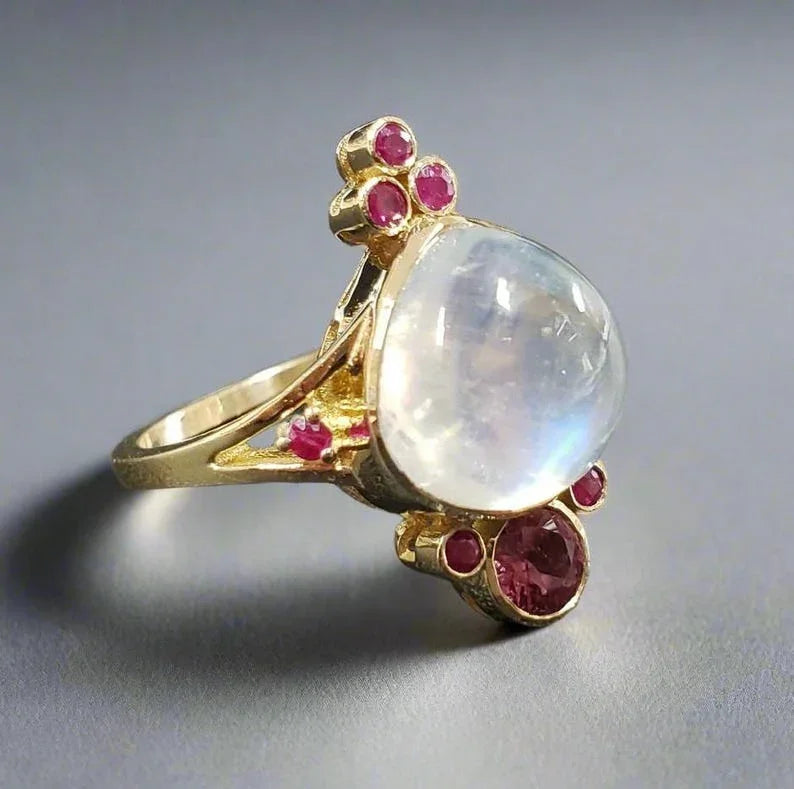Rainbow Moonstone 14k Gold Ring: Ruby Tourmaline