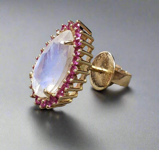 Blue Flash Rainbow Moonstone and Ruby 14k Gold Earring Studs - K Jewelry Accessories