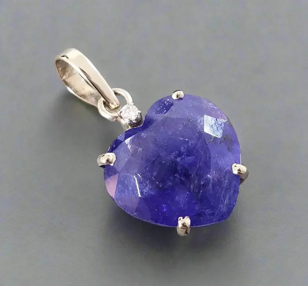14k White Gold Heart Tanzanite Pendant: Diamond Accent, Handmade - K Jewelry Accessories