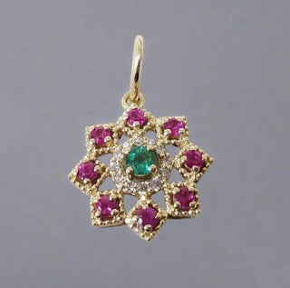 14k Gold Floral Pendant Necklace: Emerald, Ruby & Diamond Vintage Style - K Jewelry Accessories
