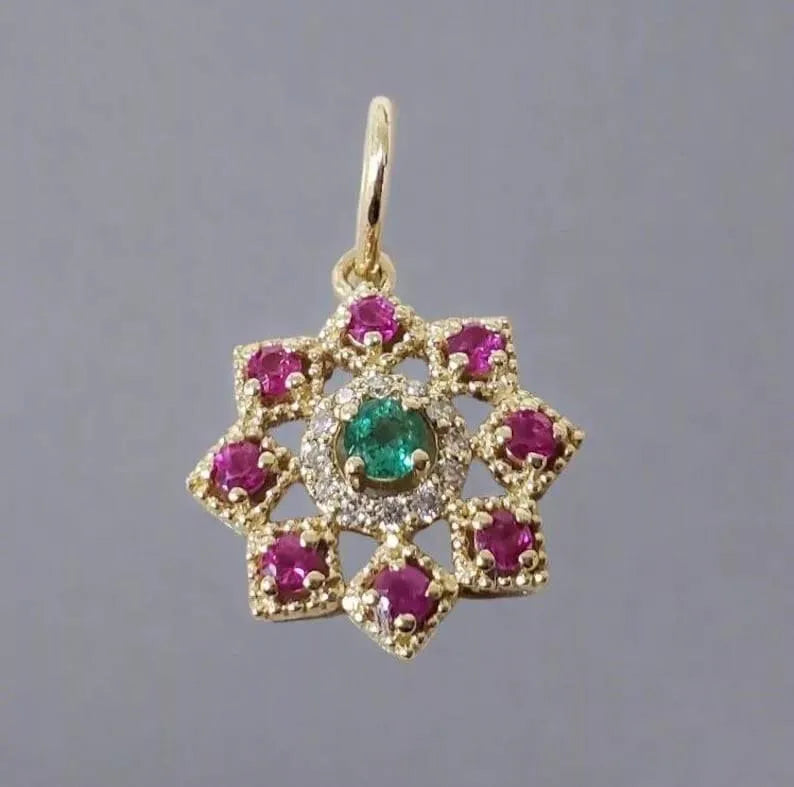 14k Gold Floral Pendant Necklace: Emerald, Ruby & Diamond Vintage Style - K Jewelry Accessories
