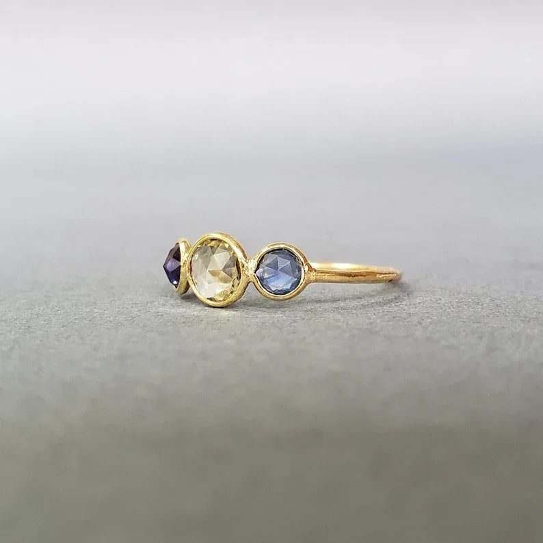 14K Gold Multi Sapphire Ring: Three Stone Stacking Band