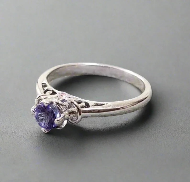 18k White Gold Tanzanite Ring: Round Blue Stone Engagement Jewelry