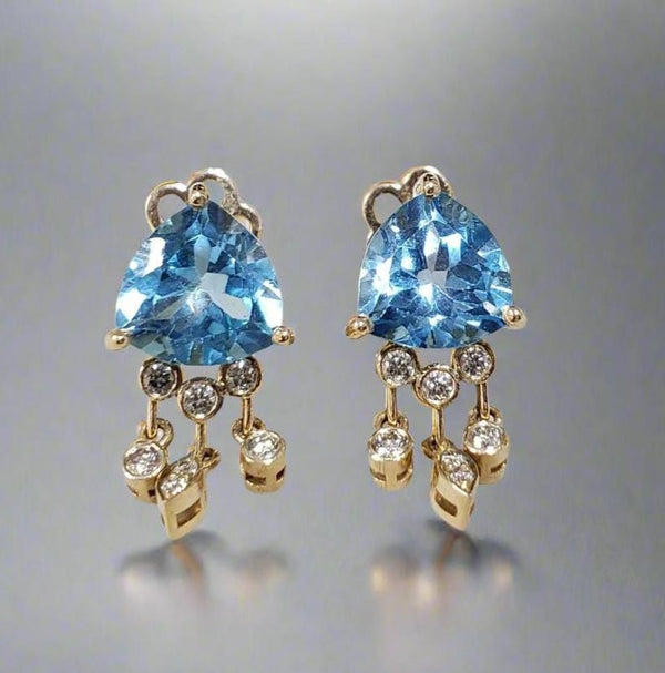 14k Gold Trilliant Blue Topaz Diamond Dangle Earrings