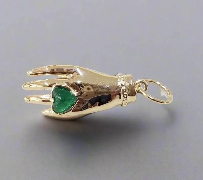 14k Mystic Hand Pendant: Zambian Emerald Heart Talisman - K Jewelry Accessories