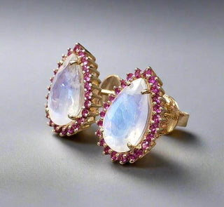 Blue Flash Rainbow Moonstone and Ruby 14k Gold Earring Studs - K Jewelry Accessories