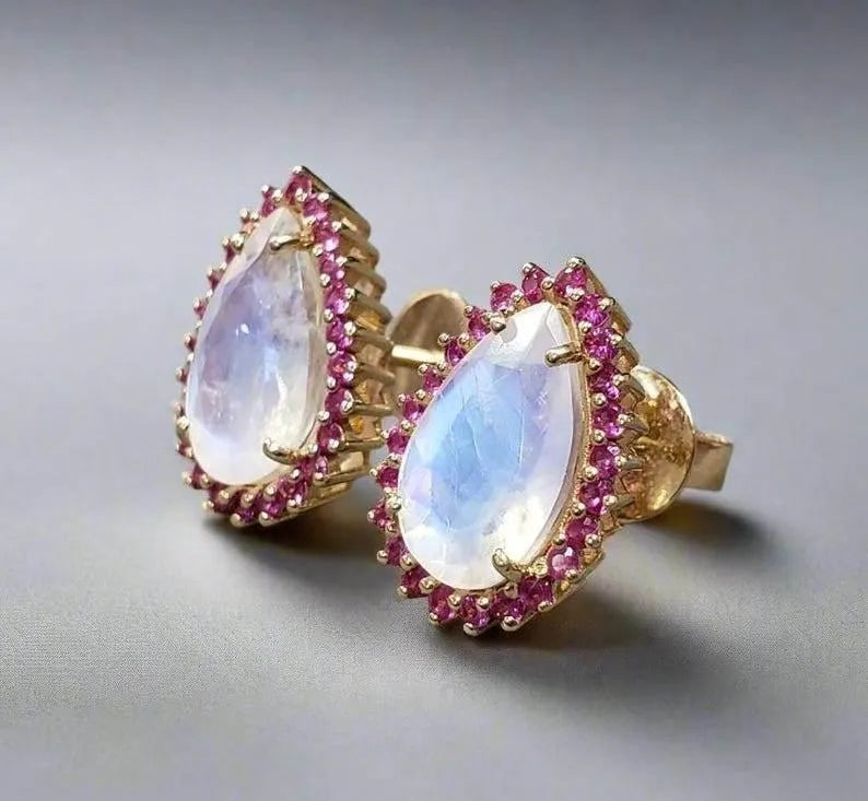 Blue Flash Rainbow Moonstone and Ruby 14k Gold Earring Studs - K Jewelry Accessories