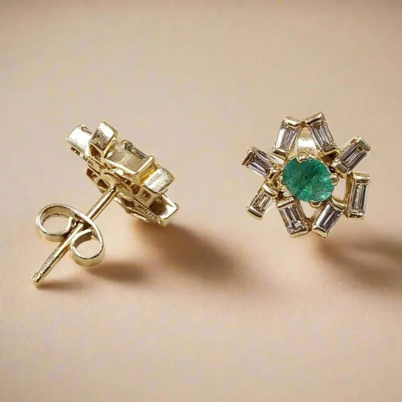 18k Gold Zambian Emerald Earrings with Baguette Diamonds