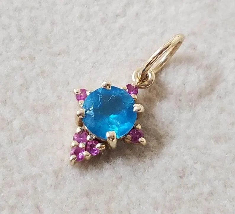 Handmade 14k Gold Apatite and Ruby Pendant: Round Gemstone Jewelry - K Jewelry Accessories