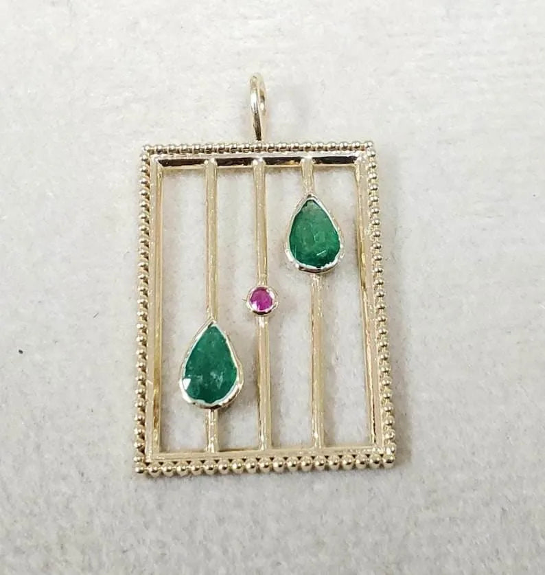 14k Gold Emerald Ruby Pendant: Bezel Set Gemstone Jewelry - K Jewelry Accessories