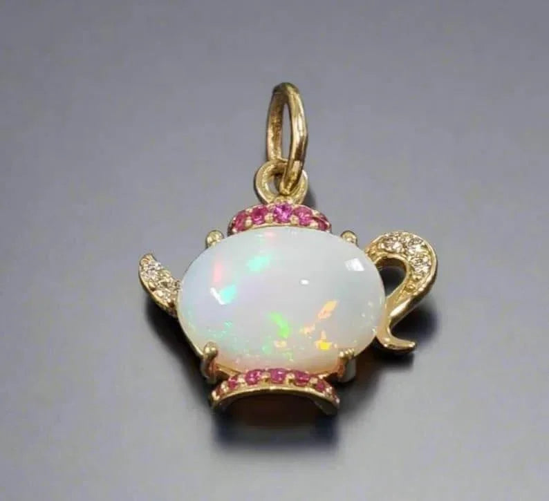 Opal Teapot Gold Pendant: Ruby & Diamond Accent Charm - K Jewelry Accessories