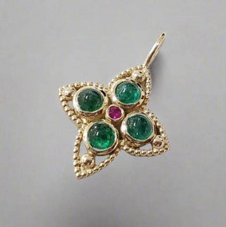 Round Emerald Cabochon Gold Pendant, Emerald Flower Pendant With Ruby Center - K Jewelry Accessories