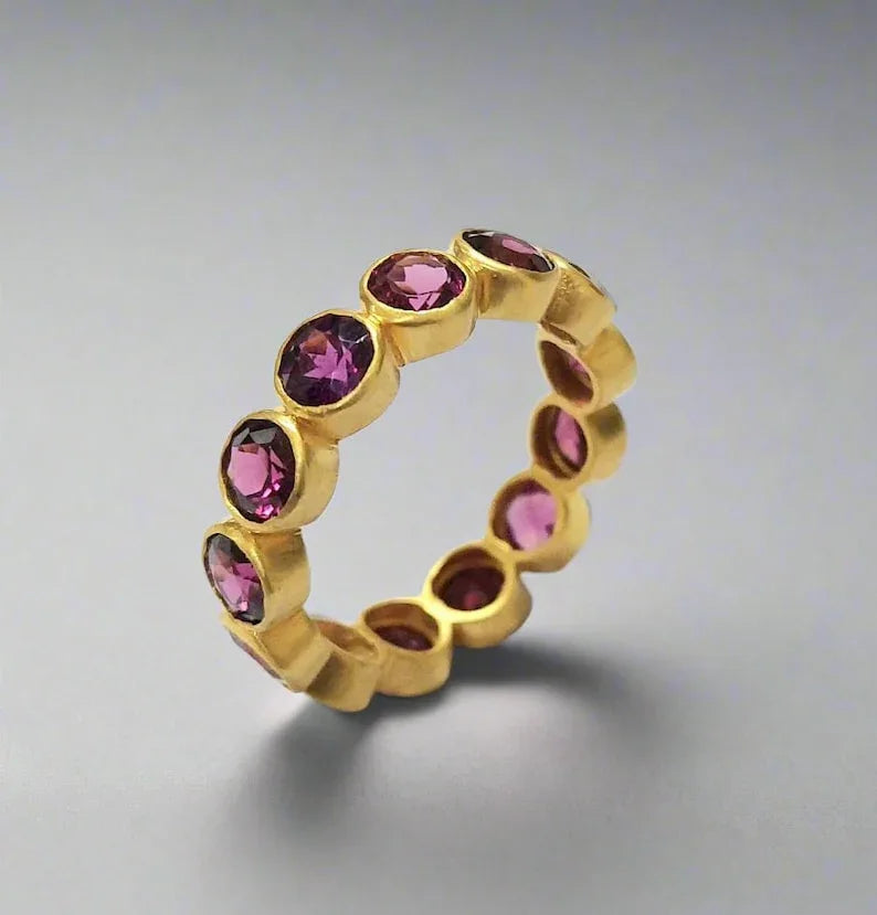 Rhodolite Garnet 18k Gold Band Ring: Natural Pink Stone Jewelry