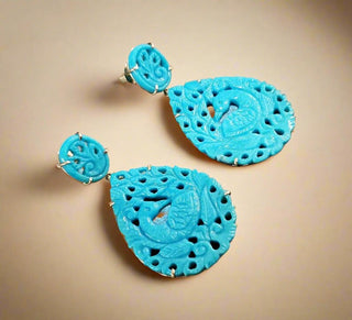 Carved Arizona Turquoise Earrings: 14k Gold Pear Dangle