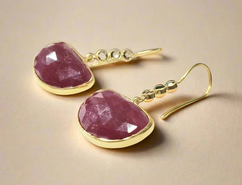 14k Yellow Gold Ruby Dangle Earrings: Rose Cut Diamond Jewelry