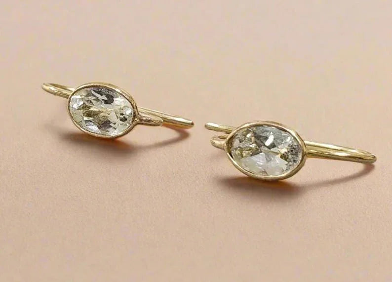 18k Gold Aquamarine Earrings: Bezel Set Oval Green Gemstone