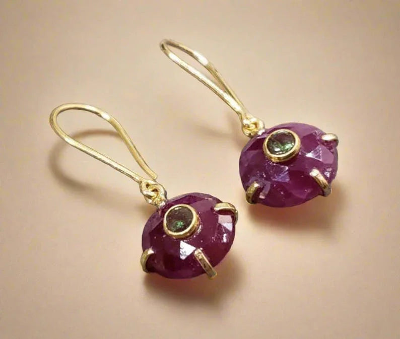 Rose Cut Ruby Dangle Earrings: 14k Gold & Tsavorite