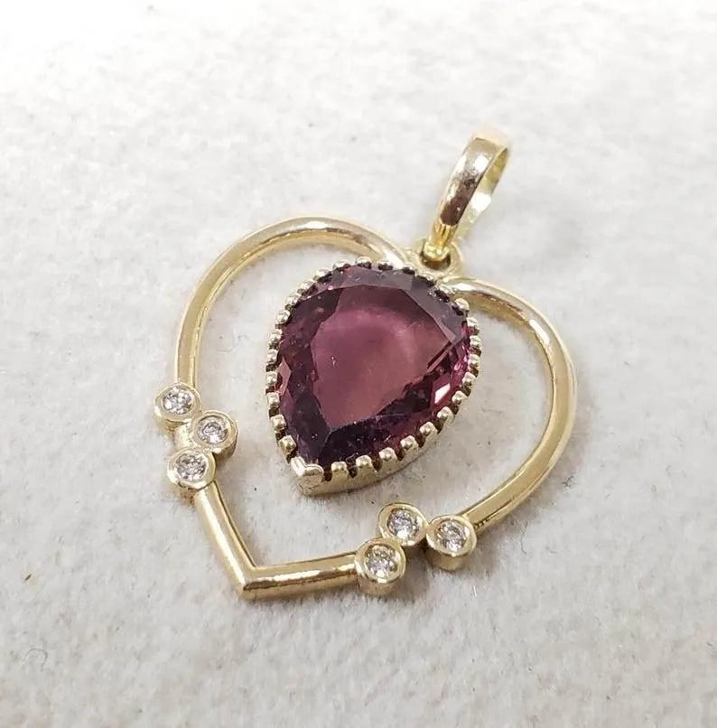 14k Gold Pink Tourmaline Heart Pendant with Diamond Accents - K Jewelry Accessories