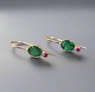 14k Gold Oval Zambian Emerald and Ruby Earring - K Jewelry Accessories