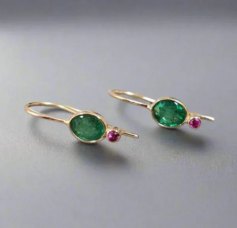14k Gold Oval Zambian Emerald and Ruby Earring - K Jewelry Accessories