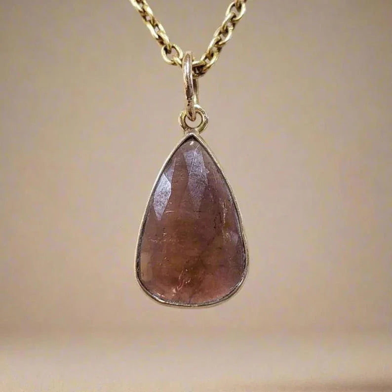 14k Gold Pink Tourmaline Pendant: Pear Gemstone, Handmade