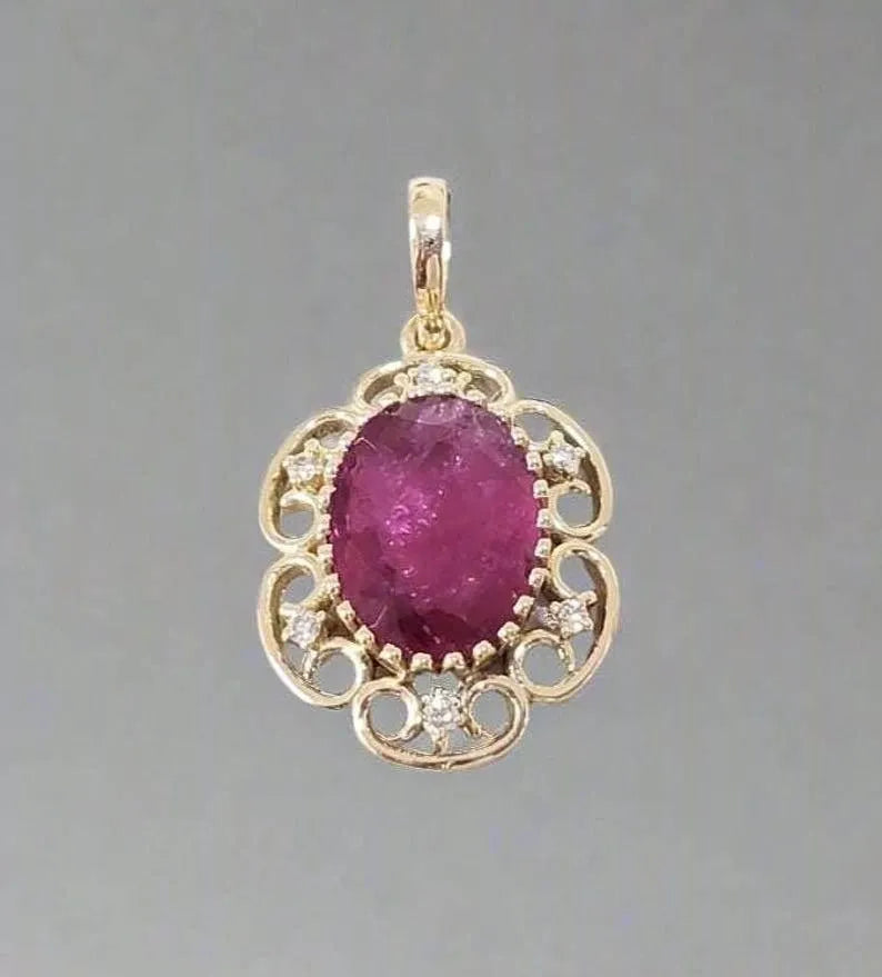 Rich Color Pink Tourmaline with Brilliant Cut Diamond 14k Gold Pendant - K Jewelry Accessories