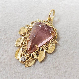 14k Gold Pink Tourmaline Leaf Pendant: Diamond Accent - K Jewelry Accessories