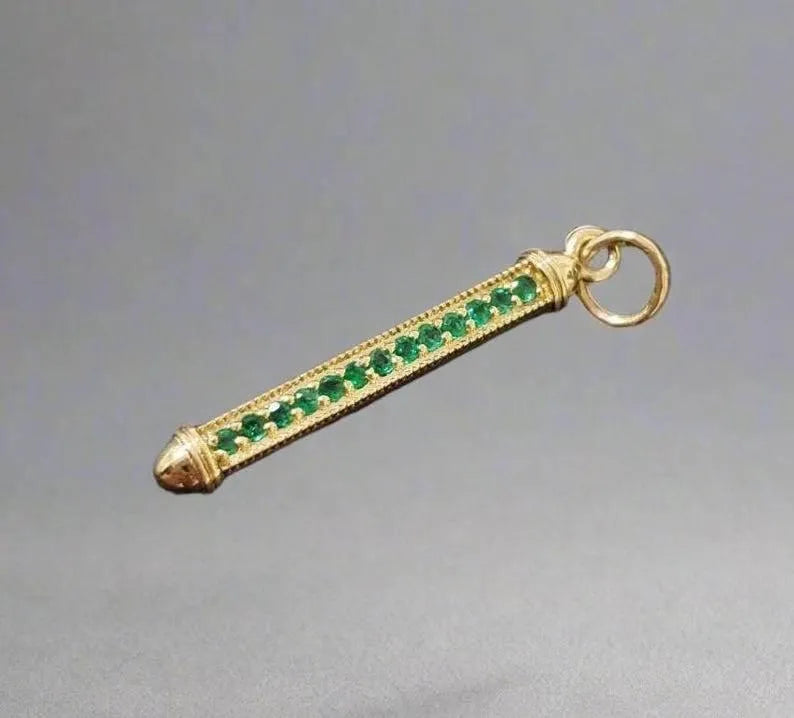 14k Solid Gold Emerald Bar Pendant: Vintage Celestial Necklace - K Jewelry Accessories
