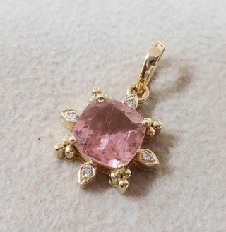 Handmade 14k Gold Cushion Pink Tourmaline and Diamond Pendant - K Jewelry Accessories