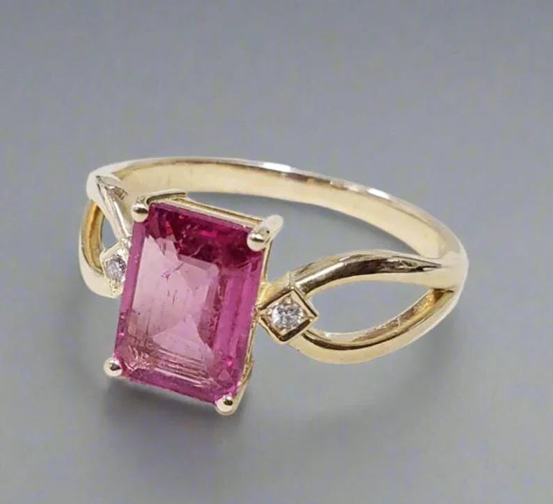 Baguette Pink Tourmaline and Brilliant Cut Diamond 14k Gold Ring