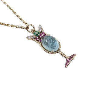 Wine Glass Shape Natural Aquamarine, Emerald, Ruby & Diamond Pendant - K Jewelry Accessories