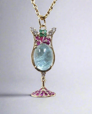 Wine Glass Shape Natural Aquamarine, Emerald, Ruby & Diamond Pendant - K Jewelry Accessories