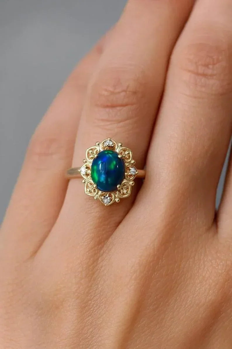 14k Gold Opal Ring: Green Blue Fire Gemstone, October Birthstone - K Jewelry Accessories